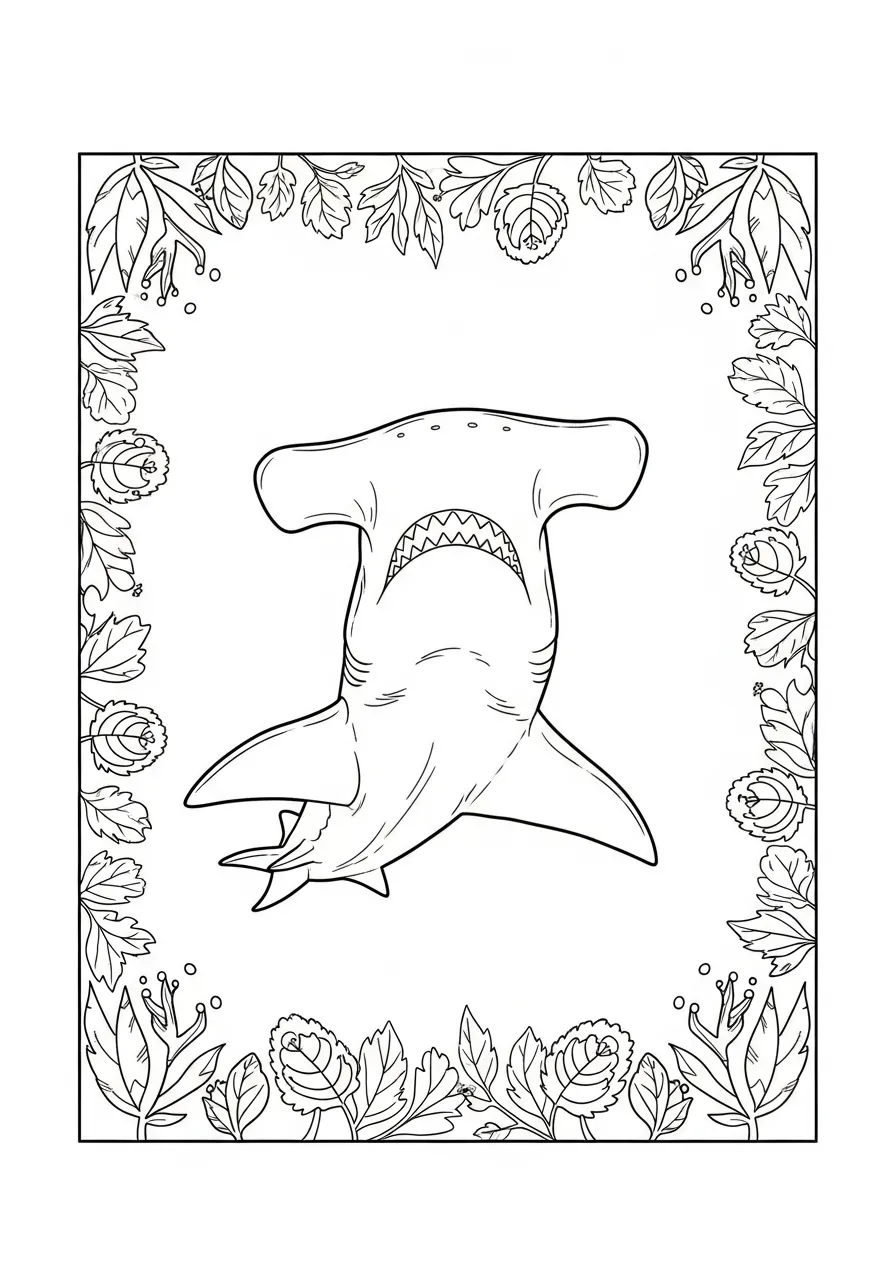 Desenho de um tubarão martelo nadando entre flores para colorir