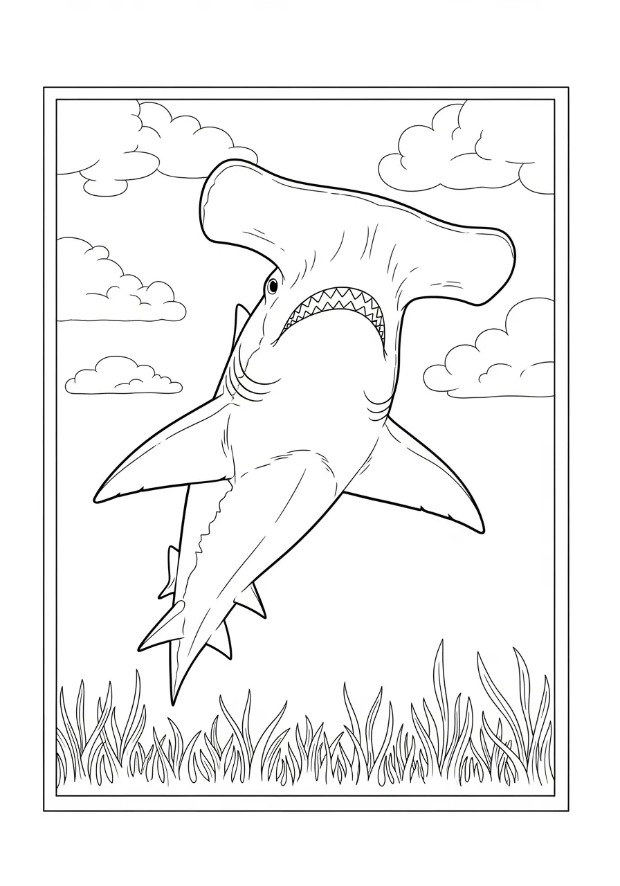 Desenho de um tubarão martelo saltando com nuvens ao fundo