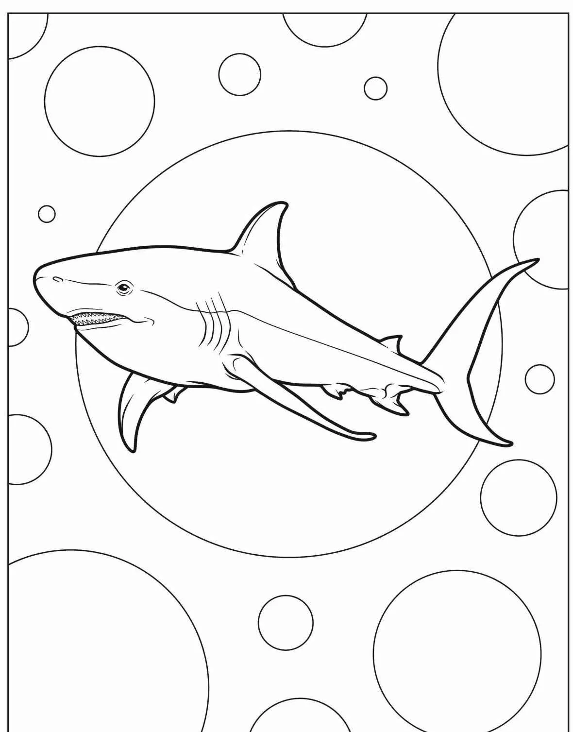 Desenho de um tubarão nadando em um fundo com bolhas para colorir