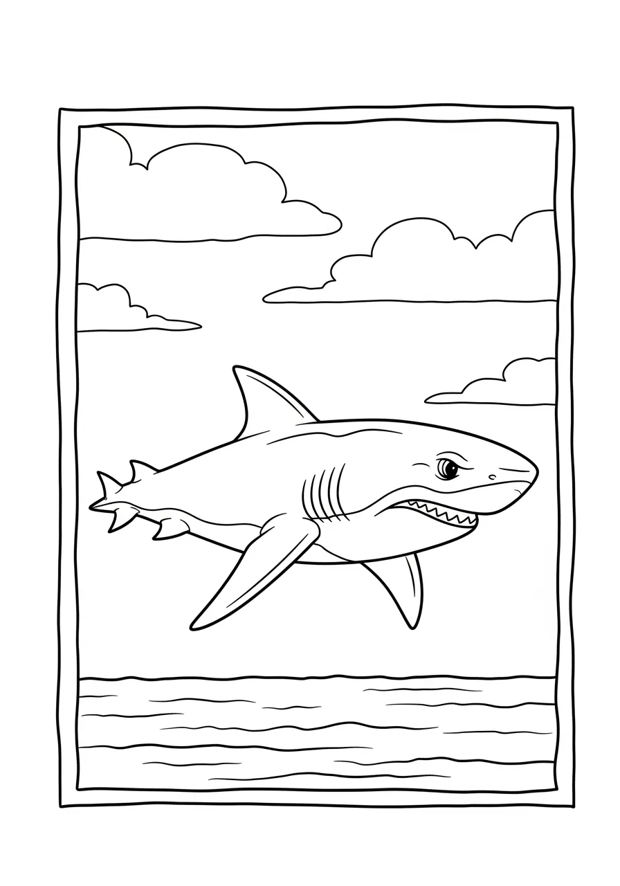 Desenho de um tubarão saltando sobre as ondas do mar para colorir