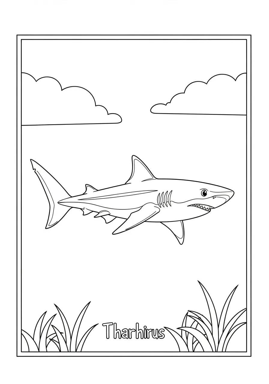 Desenho de um tubarão Tharhirus nadando entre nuvens e grama para colorir