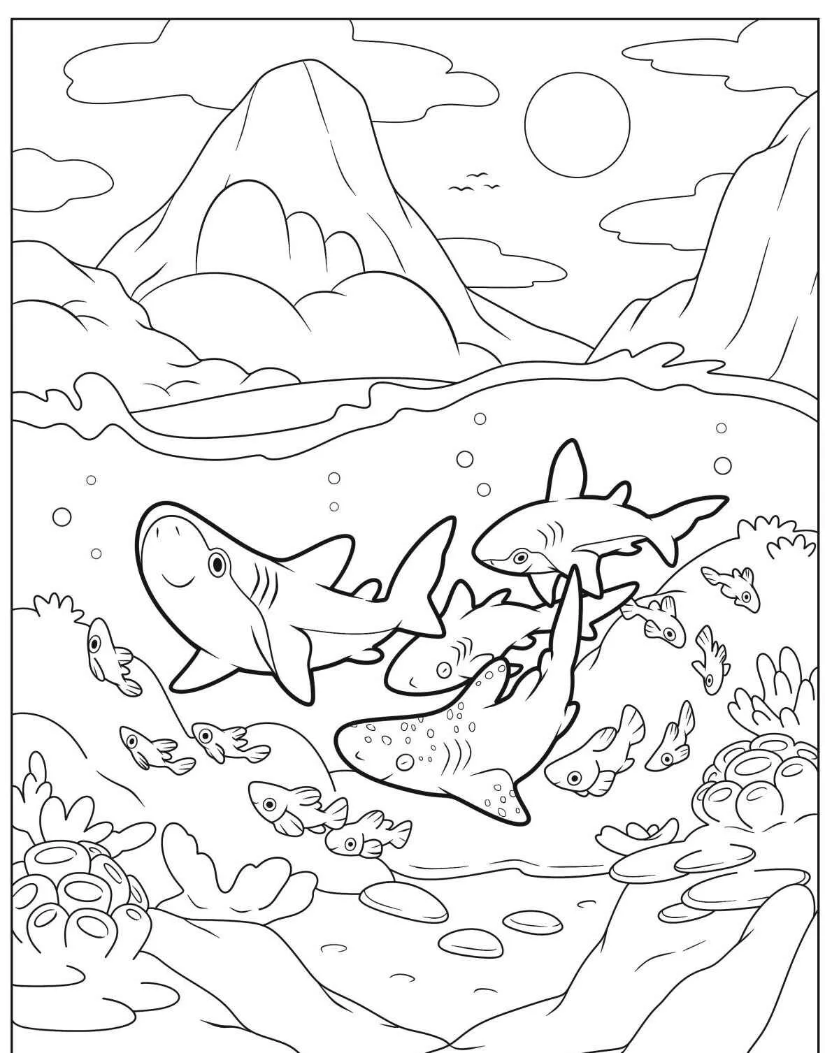 Desenho de tubarões nadando em um ambiente marinho com peixes e montanhas ao fundo.
