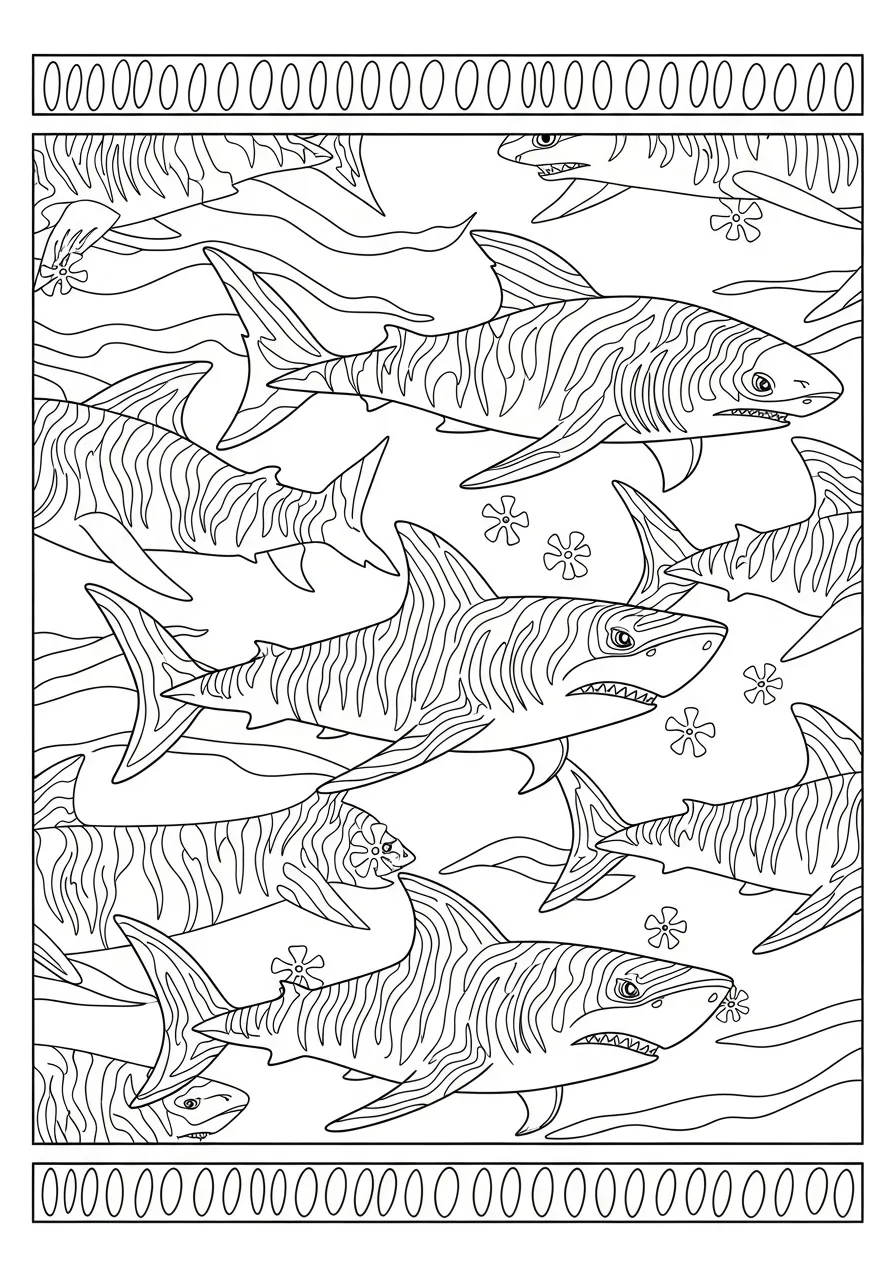 Desenho de tubarões listrados em um fundo marinho para colorir