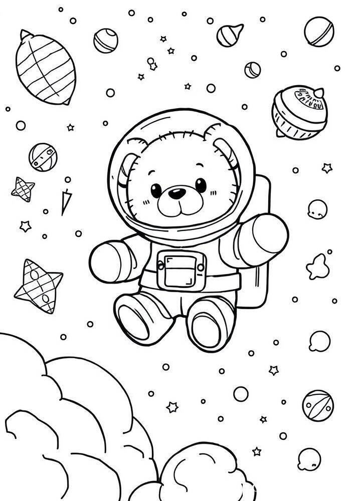 Ursinho astronauta flutuando entre planetas e estrelas para colorir