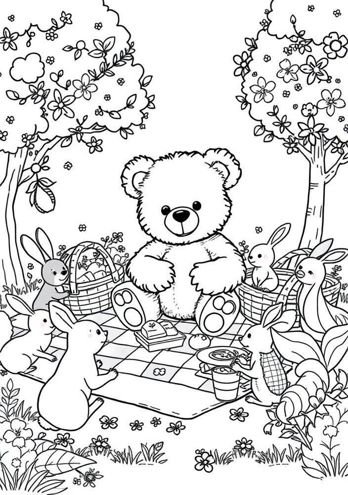 Desenho de um ursinho rodeado por coelhinhos em um piquenique, ideal para colorir.