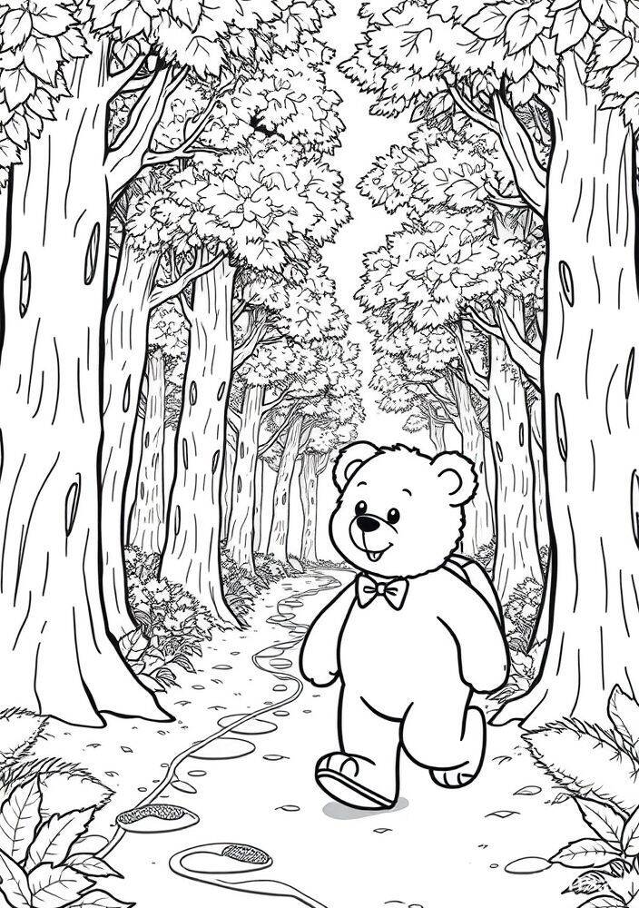 Ursinho fofo caminhando por uma floresta cheia de árvores para colorir.