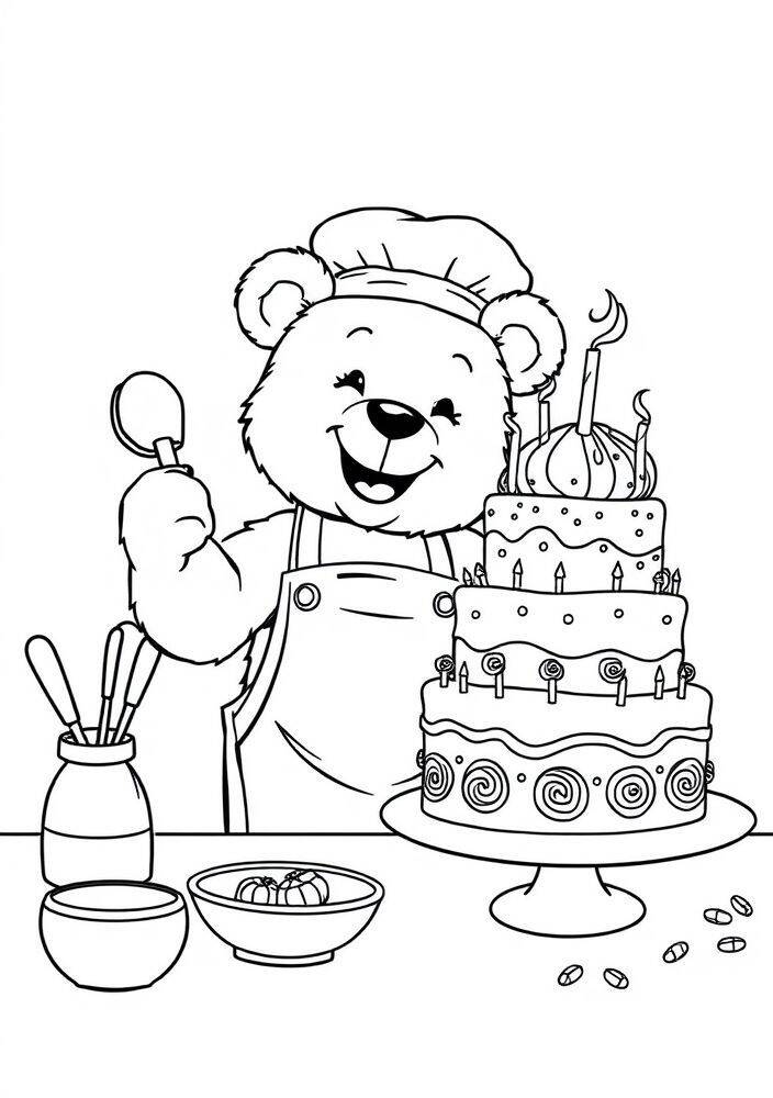 Ursinho chef feliz com bolo e utensílios de cozinha para colorir