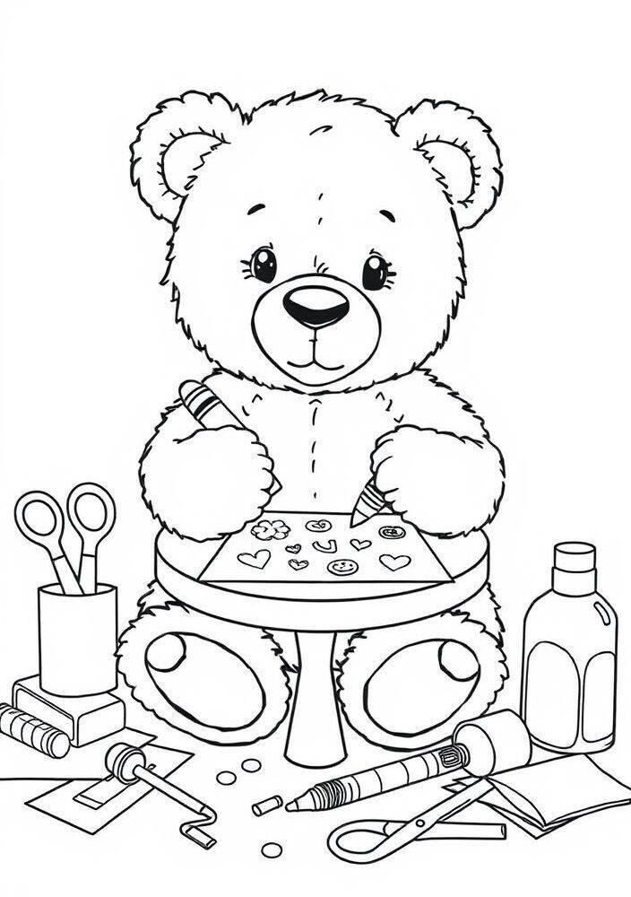 Ursinho fofo sentado à mesa colorindo com lápis e materiais de artesanato.
