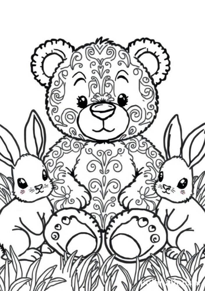 Desenho de um ursinho com padrões decorativos sentado entre coelhos