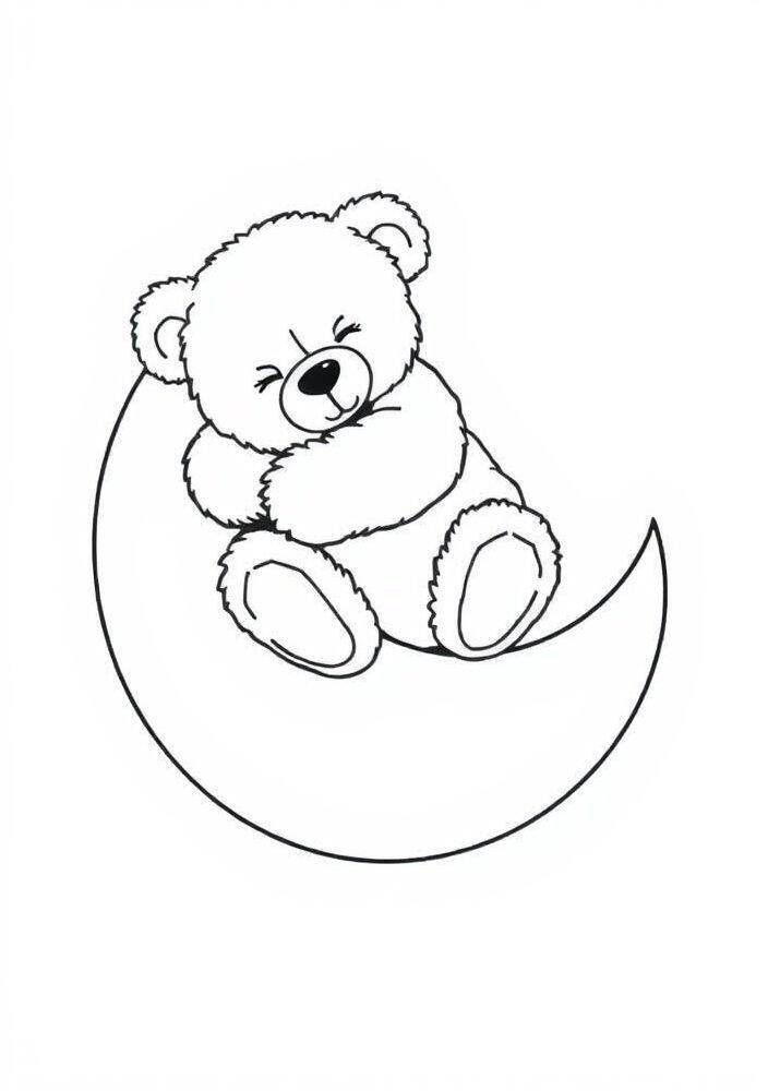 Ursinho fofo dormindo na lua, ideal para colorir