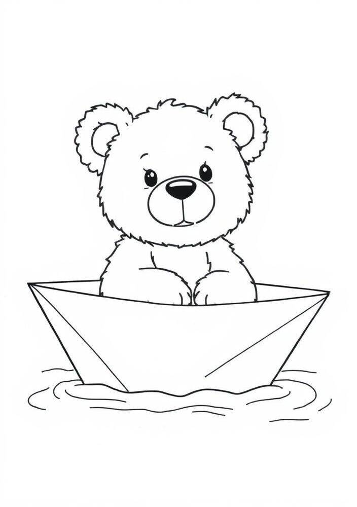 Ursinho fofinho sentado em um barquinho na água, pronto para ser colorido.