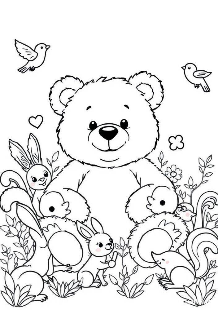 Desenho de um ursinho rodeado por pequenos animais da floresta, ideal para colorir.