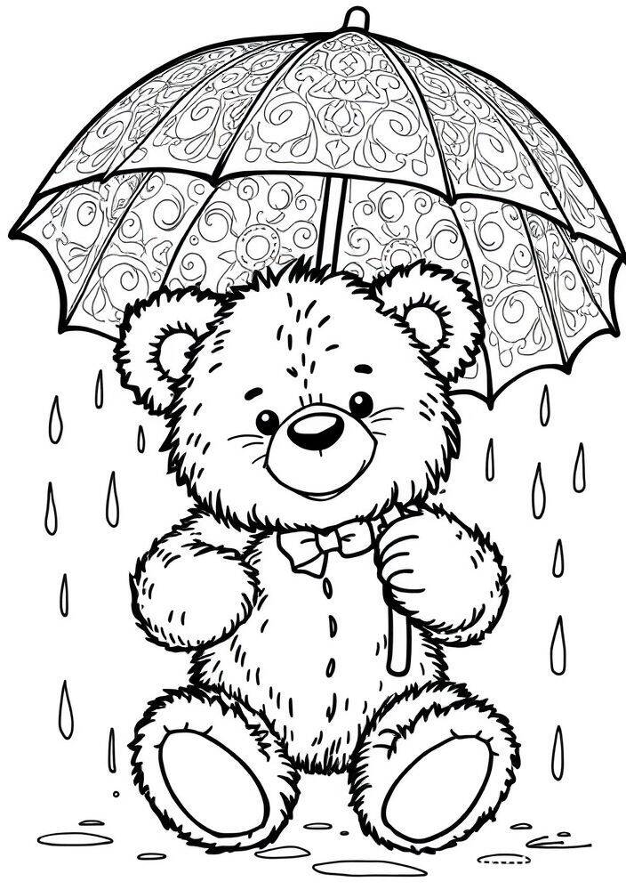 Ursinho fofo segurando um guarda-chuva decorado em um dia chuvoso.