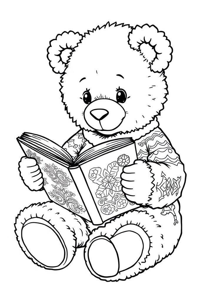 Ursinho fofo lendo um livro, ideal para colorir.