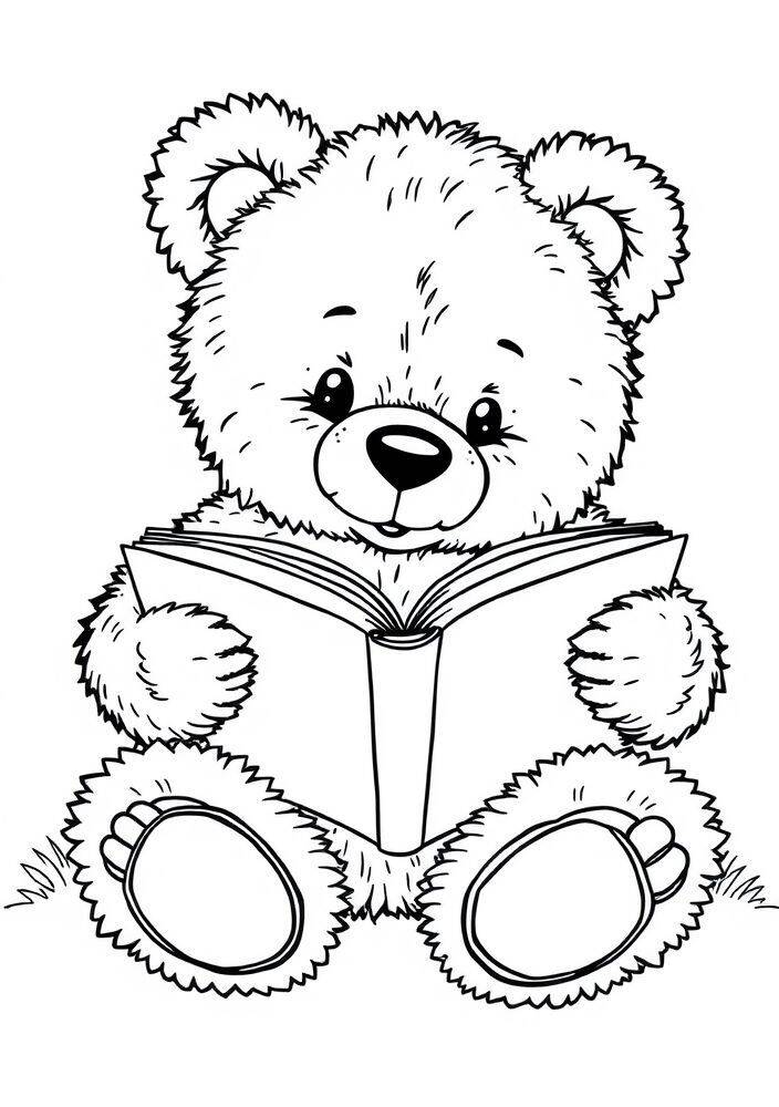 Ursinho fofo sentado lendo um livro, ideal para colorir.