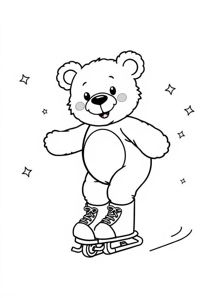 Ursinho fofo patinando com estrelas ao redor para colorir