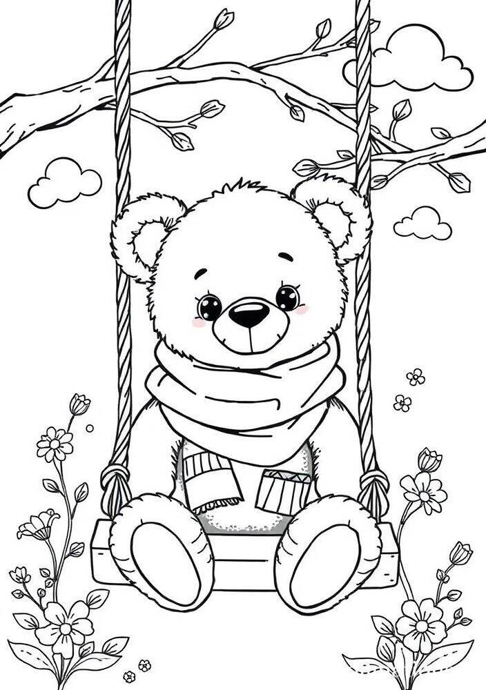 Desenho de um ursinho fofo sentado em uma rede com flores ao redor para colorir.