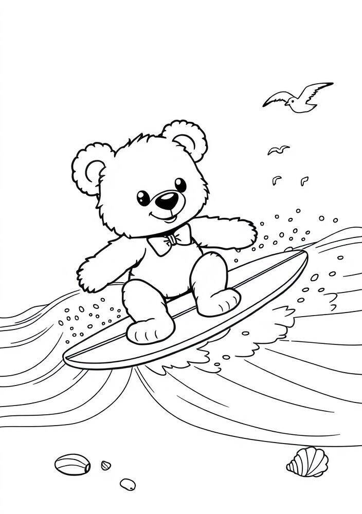 Desenho de um ursinho fofo surfando em uma prancha na praia