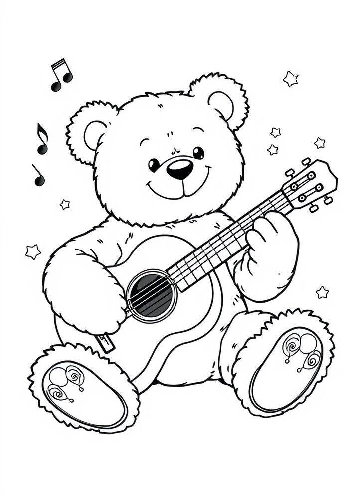 Ursinho fofo tocando violão com notas musicais ao redor