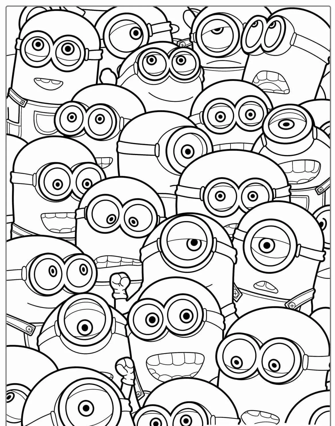 Página para colorir com vários Minions juntos