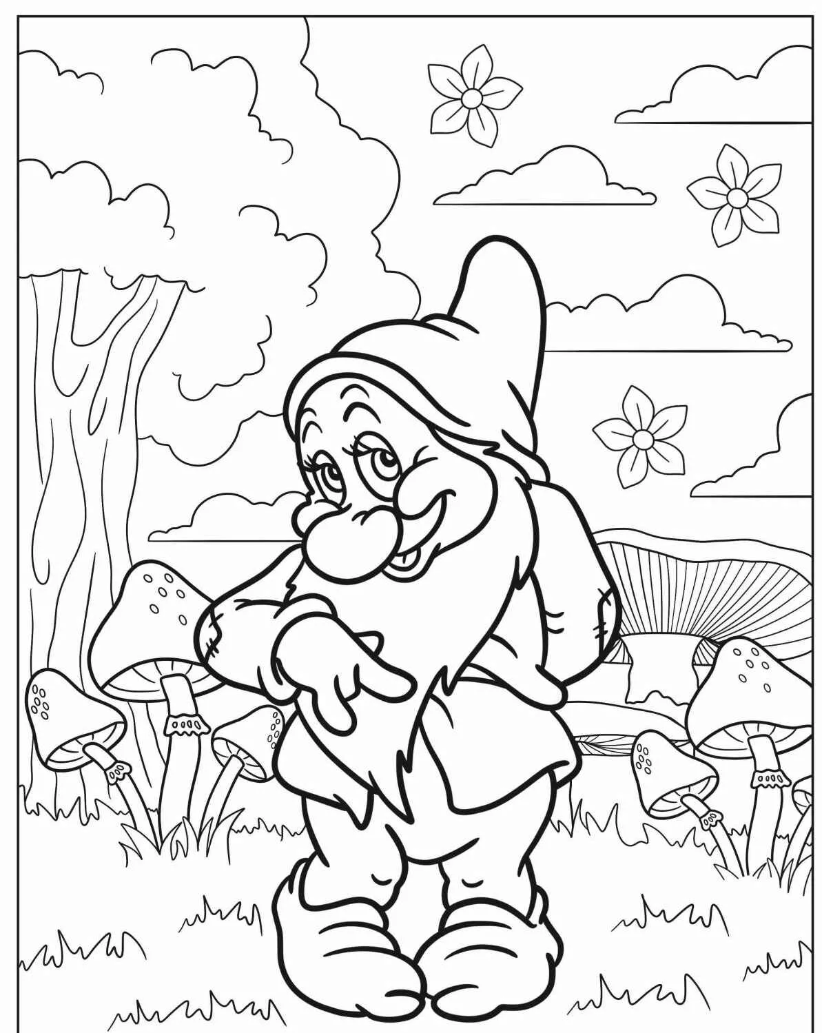 Desenho de um anão sorridente em um jardim com cogumelos e flores para colorir