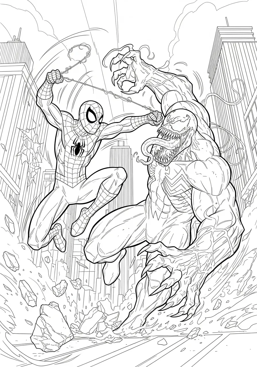 Desenho para colorir do Homem Aranha enfrentando Venom em uma batalha épica