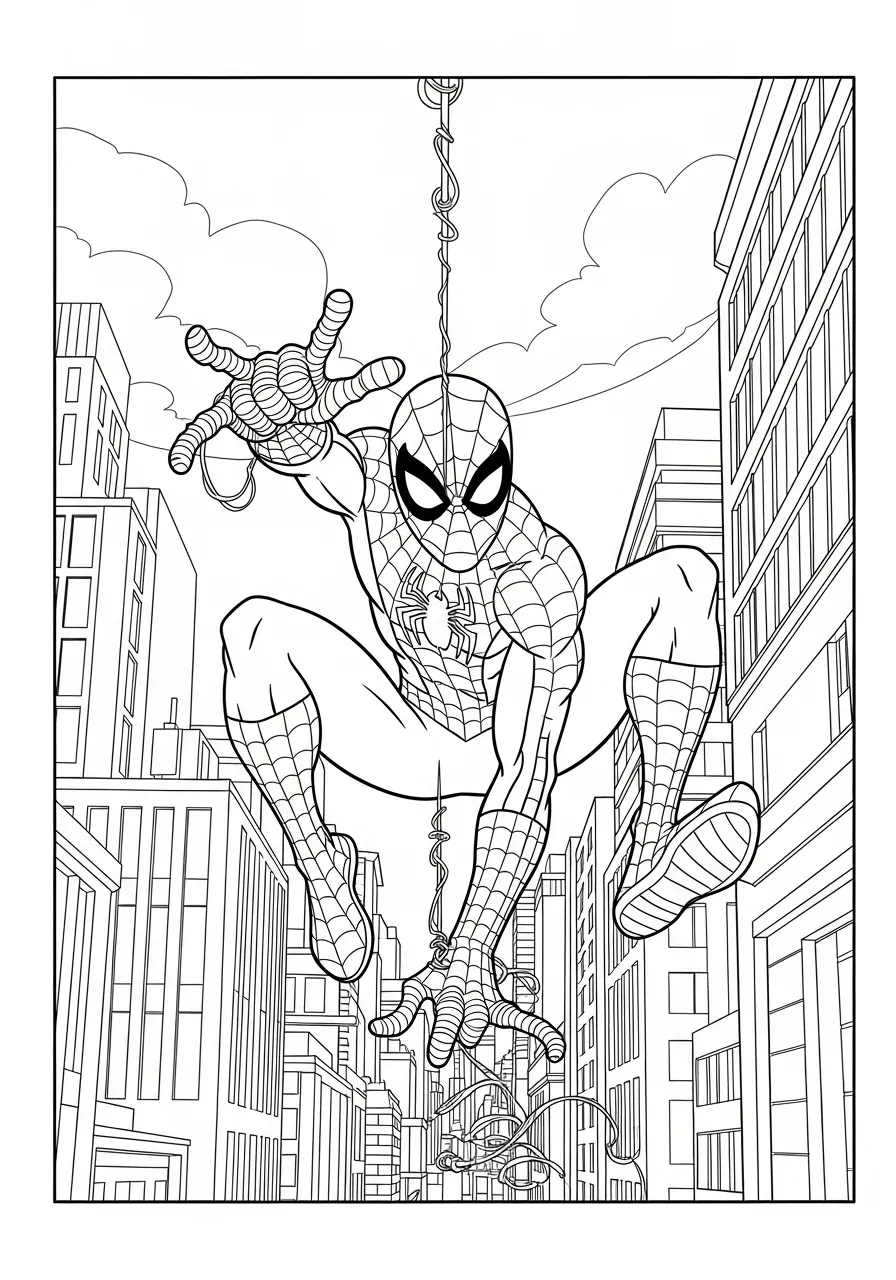 Desenho do Homem Aranha em ação, pronto para ser colorido.
