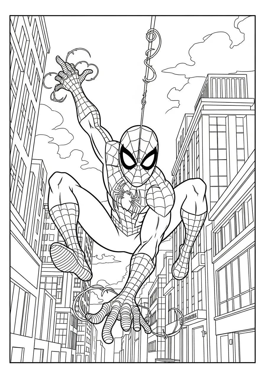 Desenho para colorir do Homem Aranha saltando entre prédios