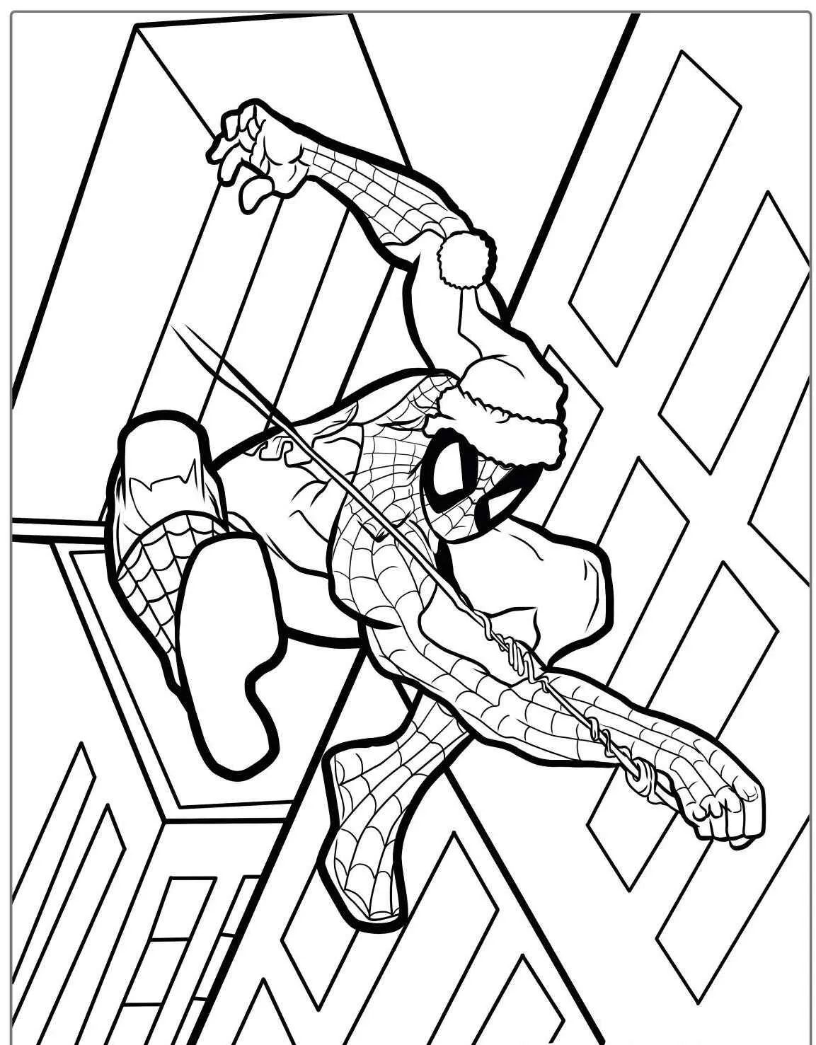 Desenho do Homem Aranha usando um chapéu de Natal, pronto para colorir.