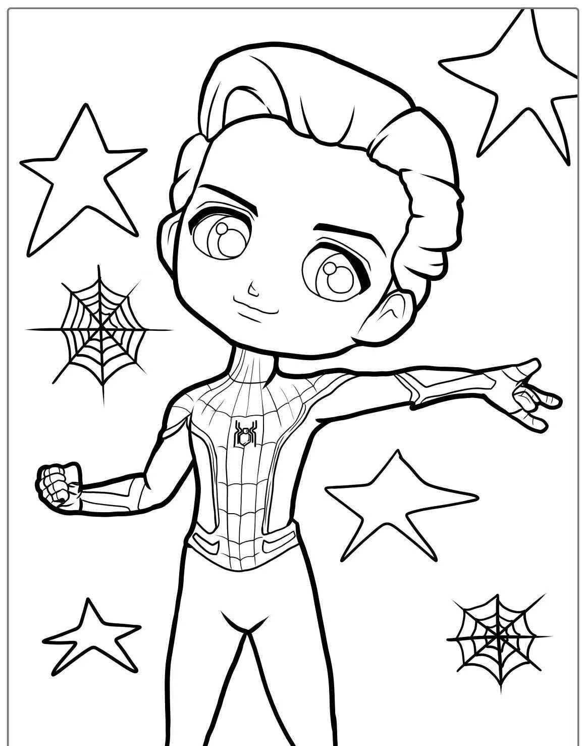 Desenho do Homem Aranha em estilo cartoon com estrelas e teias para colorir
