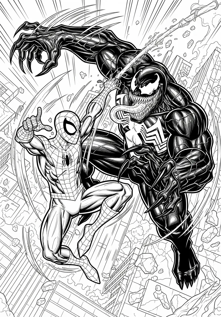 Desenho para colorir do Homem Aranha lutando contra Venom