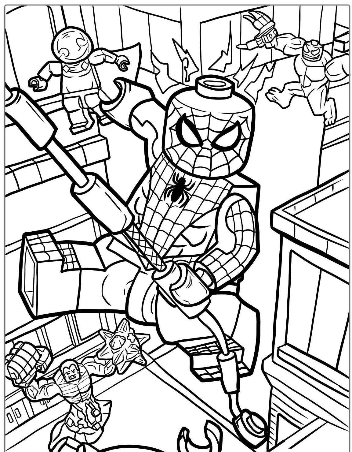 Desenho do Homem Aranha em estilo LEGO com amigos em uma cena de ação para colorir