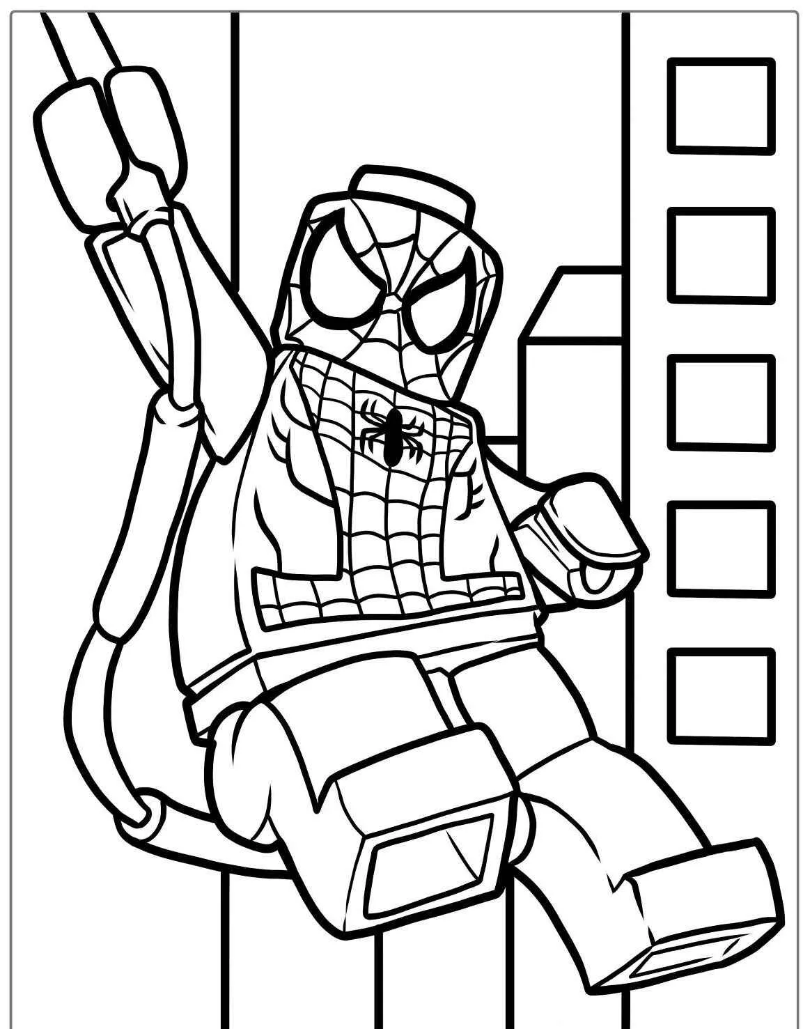 Desenho para colorir do Homem Aranha em uma pose dinâmica, balançando com sua teia.