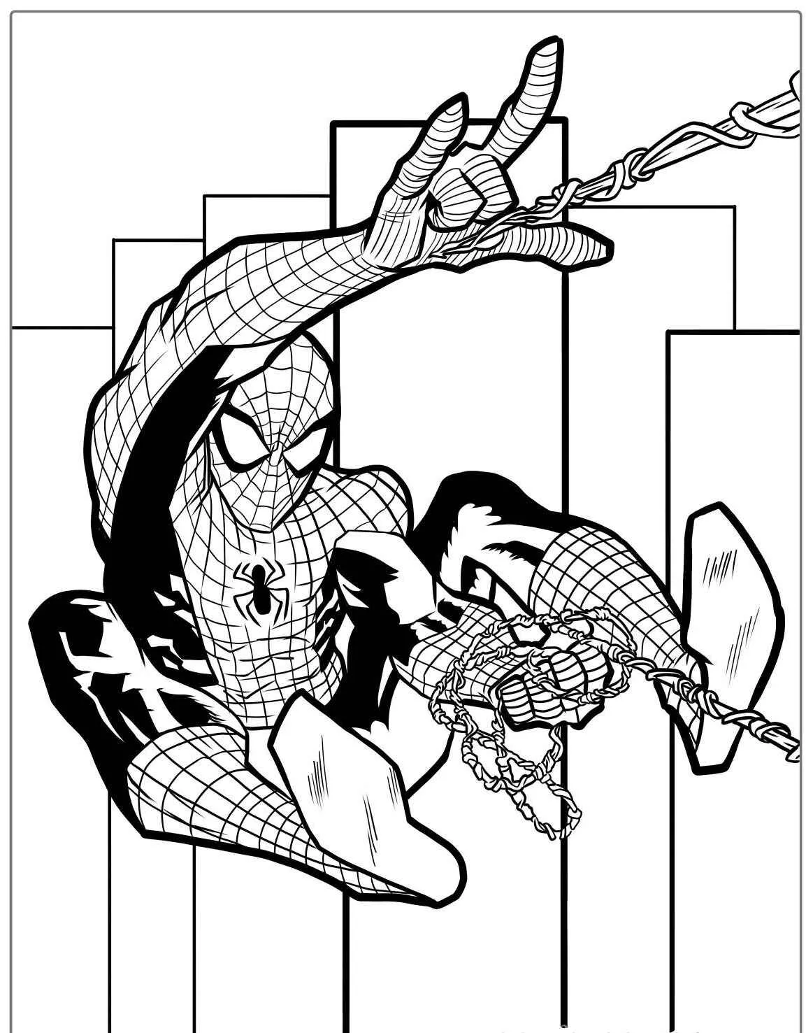 Desenho do Homem Aranha em uma pose dinâmica pronto para colorir