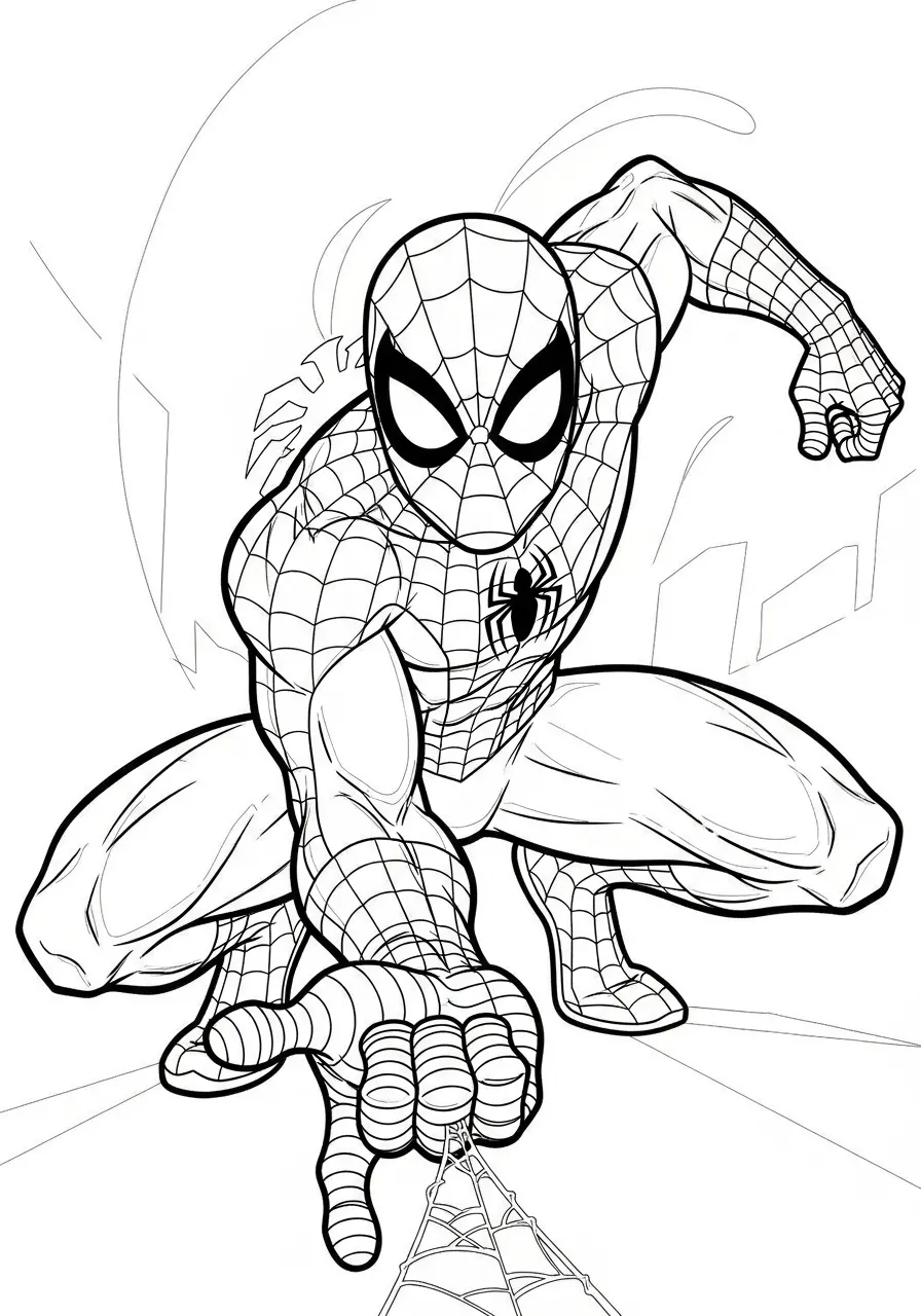 Desenho em preto e branco do Homem Aranha em uma pose de ação, pronto para colorir.