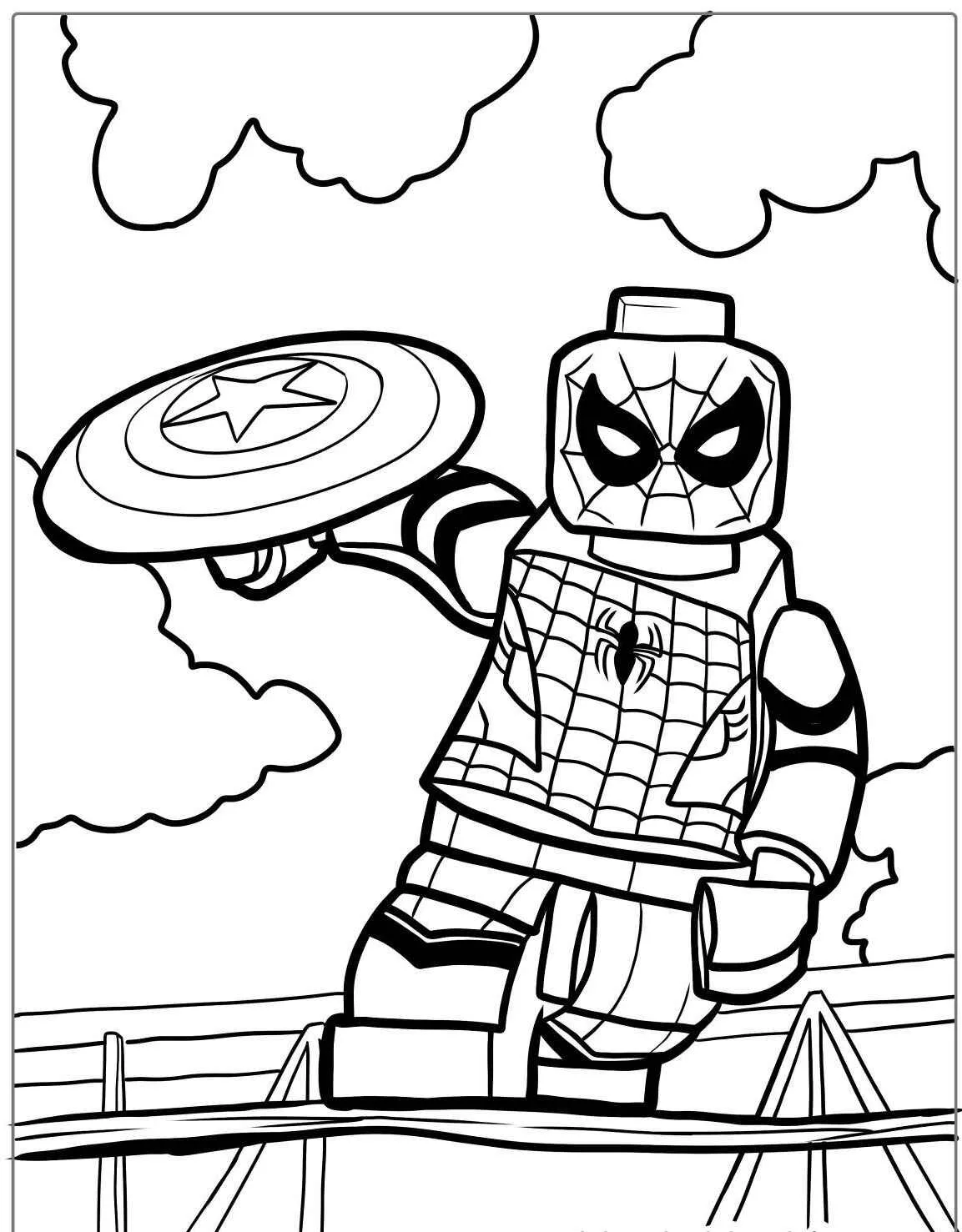 Desenho para colorir do Homem Aranha em estilo LEGO segurando um escudo