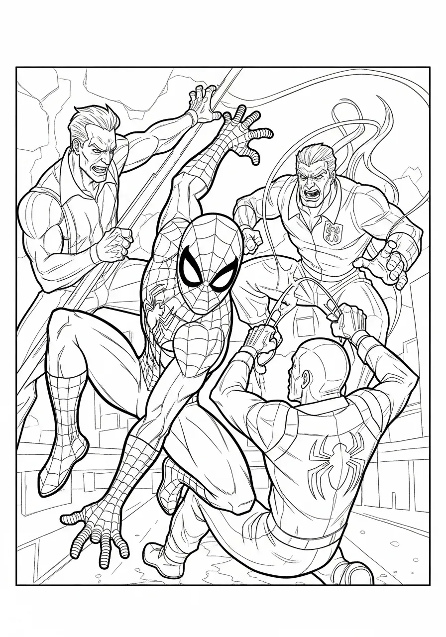 Desenho do Homem Aranha lutando contra vilões em uma cena de ação para colorir.