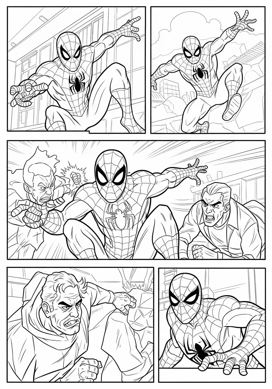 Desenho do Homem Aranha em ação enfrentando vilões, pronto para ser colorido.