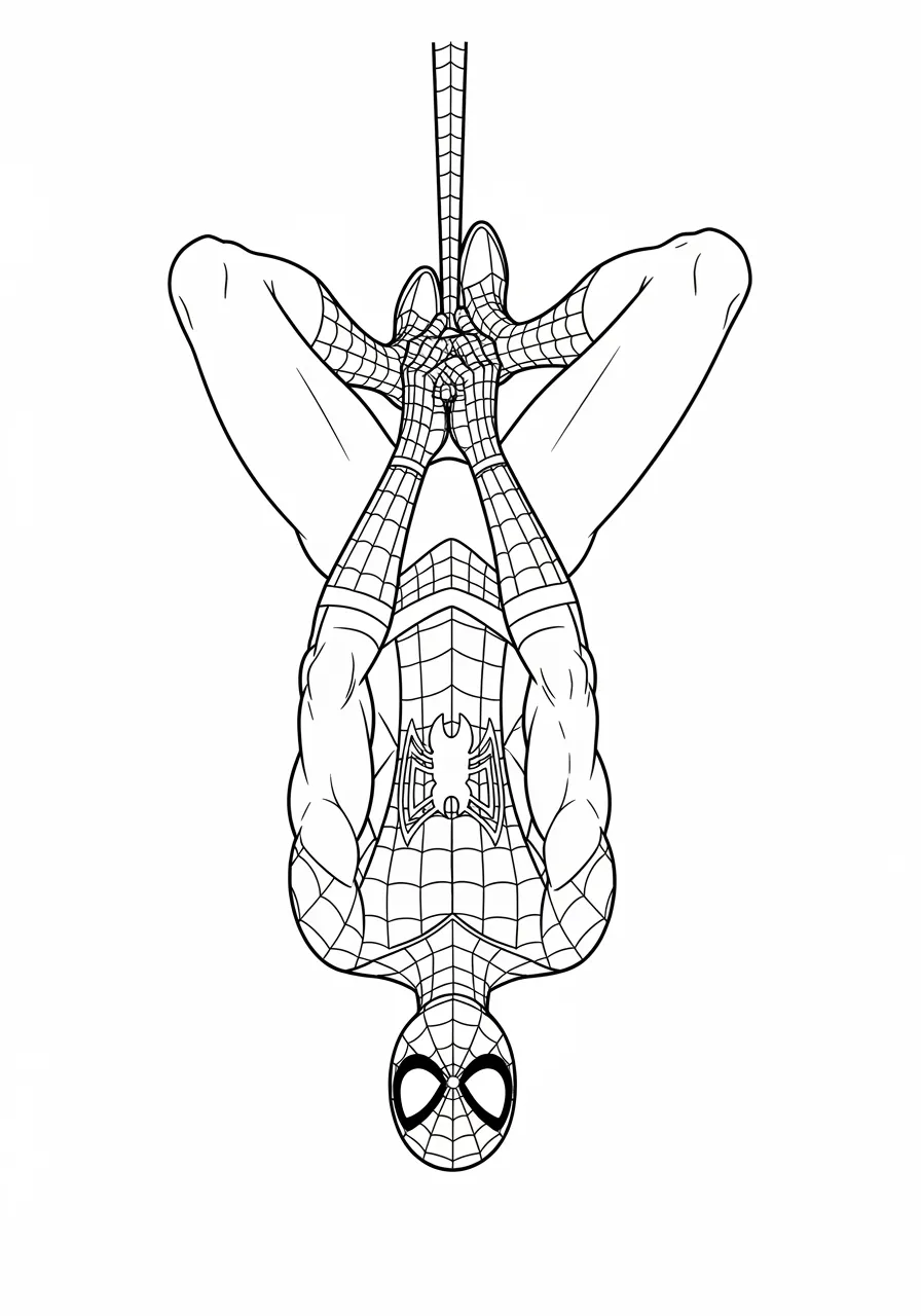 Desenho do Homem Aranha pendurado de cabeça para baixo, pronto para ser colorido.