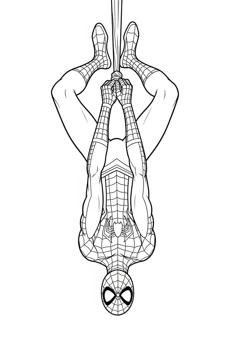Desenho do Homem Aranha pendurado na teia, pronto para ser colorido