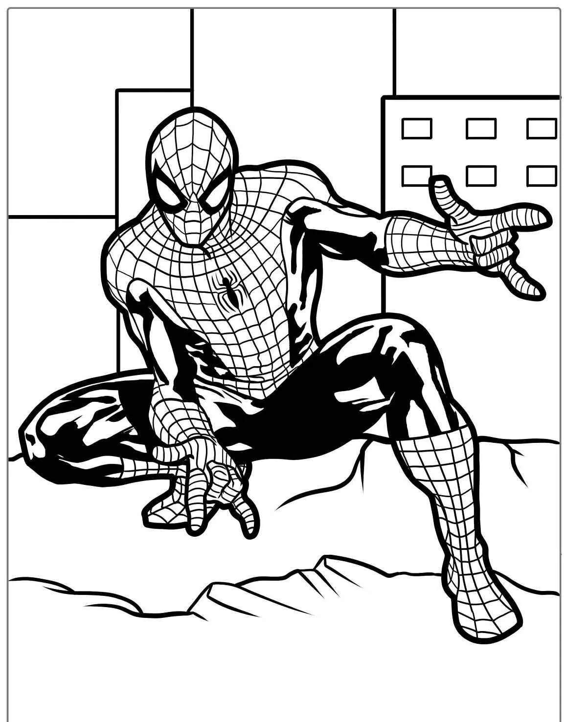 Desenho do Homem Aranha em posição de ataque para colorir