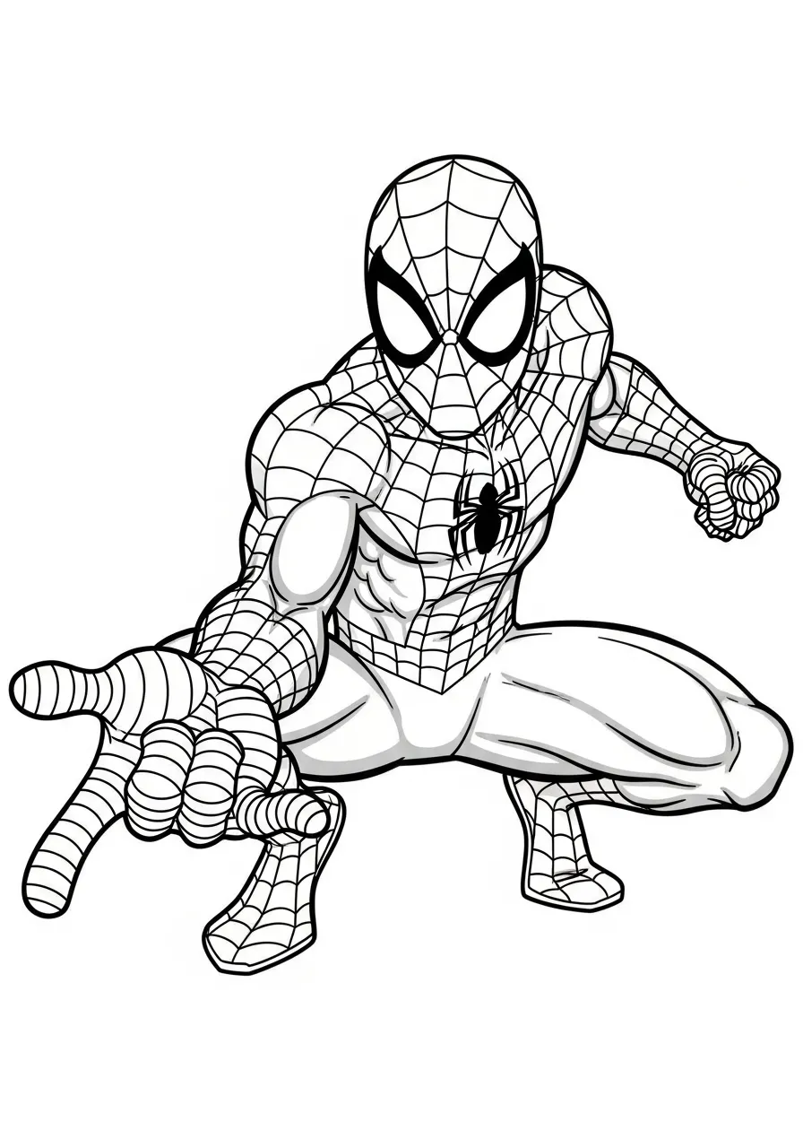 Desenho do Homem Aranha em posição de ataque para colorir