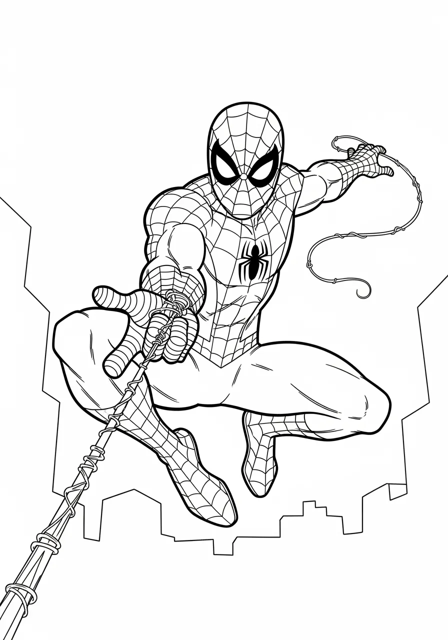 Desenho para colorir do Homem Aranha saltando entre prédios