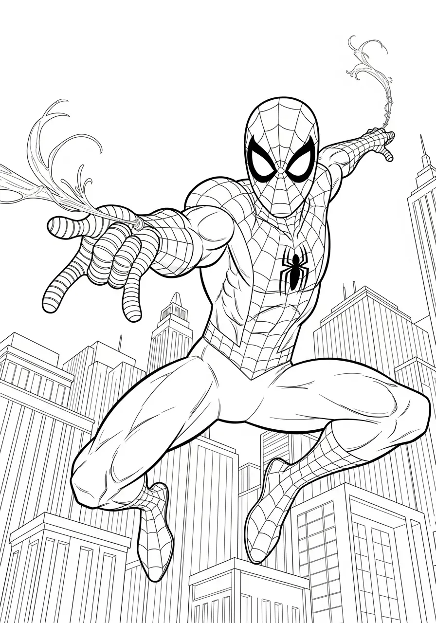 Desenho do Homem Aranha em ação, pronto para ser colorido.