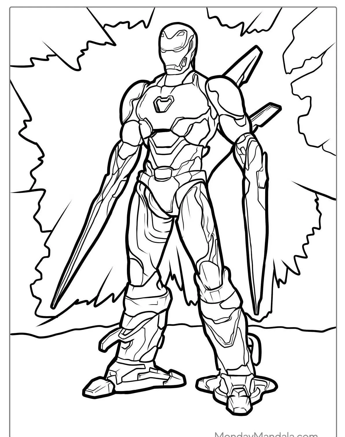 Desenho do Homem de Ferro em pose de ação com armadura avançada, pronto para ser colorido.