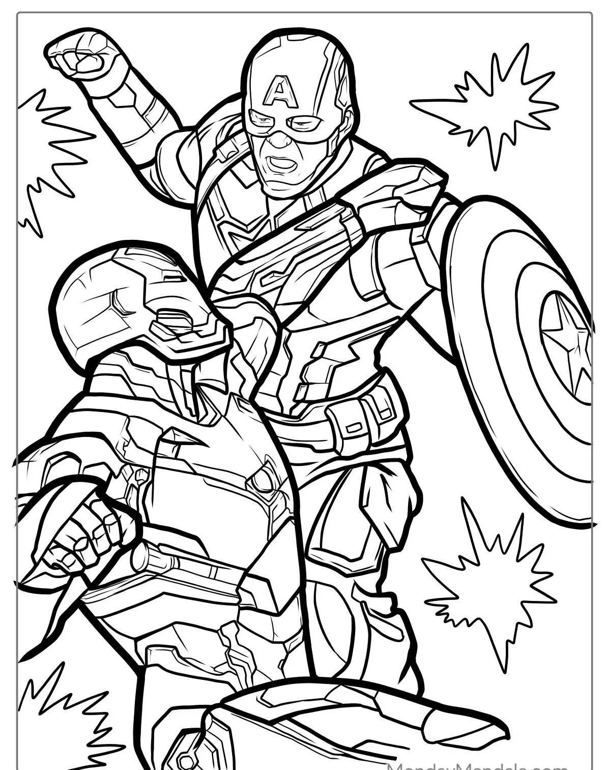 Desenho para colorir do Homem de Ferro lutando com o Capitão América