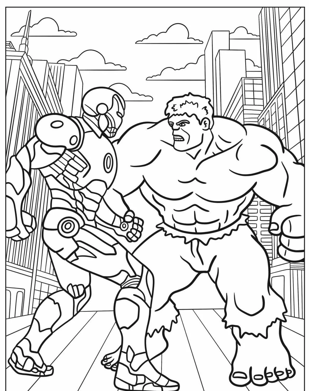 Desenho para colorir do Homem de Ferro enfrentando o Hulk em uma cena de batalha