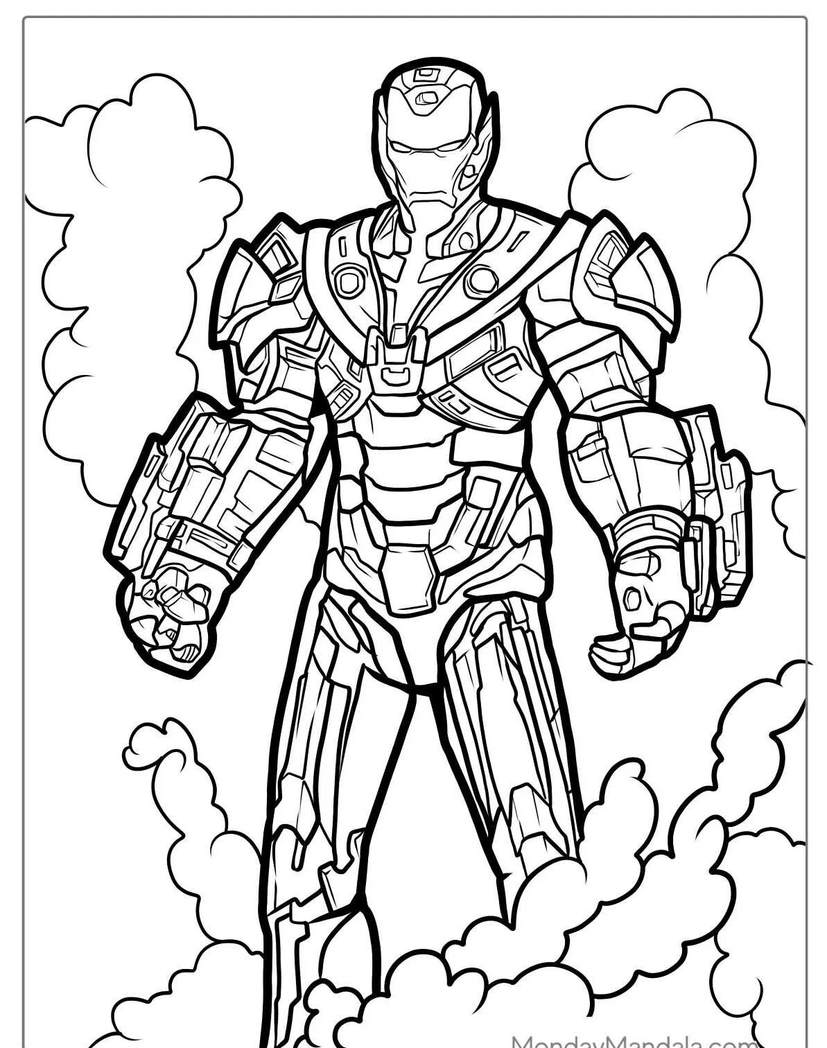 Desenho do Homem de Ferro em pose de ação com fumaça ao fundo para colorir