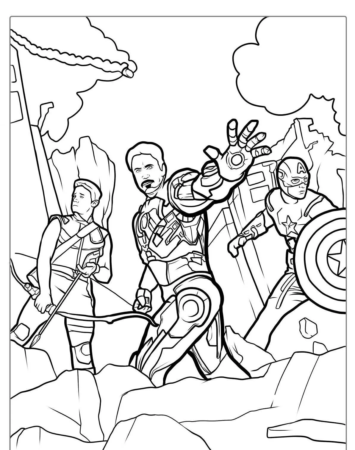 Desenho para colorir do Homem de Ferro com outros heróis em uma cena de ação