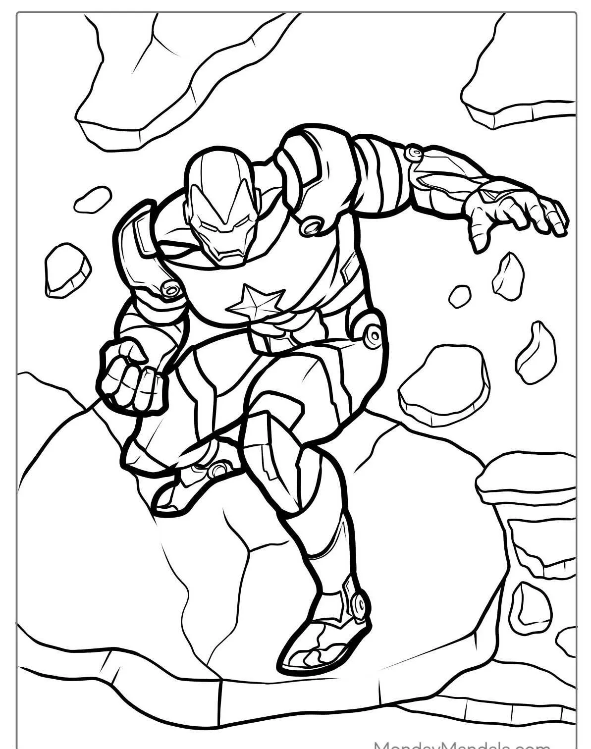 Desenho do Homem de Ferro em uma pose dinâmica, pronto para ação.